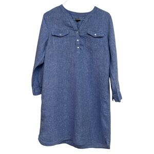 Talbots Women’s Linen Chambray Dress Size XL Petite Pockets V Neck Blue Coastal